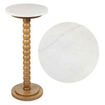 Monroe 24.25" Rustic Farmhouse Spindle Wood Drink Table and Decorative End Table with White Marble Round Top